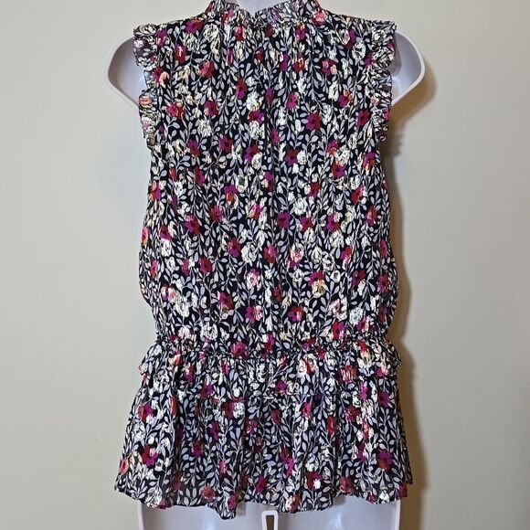 Kate Spade Silk Ruffle Metallic Floral Top Holiday Peplum - Picture 6 of 16